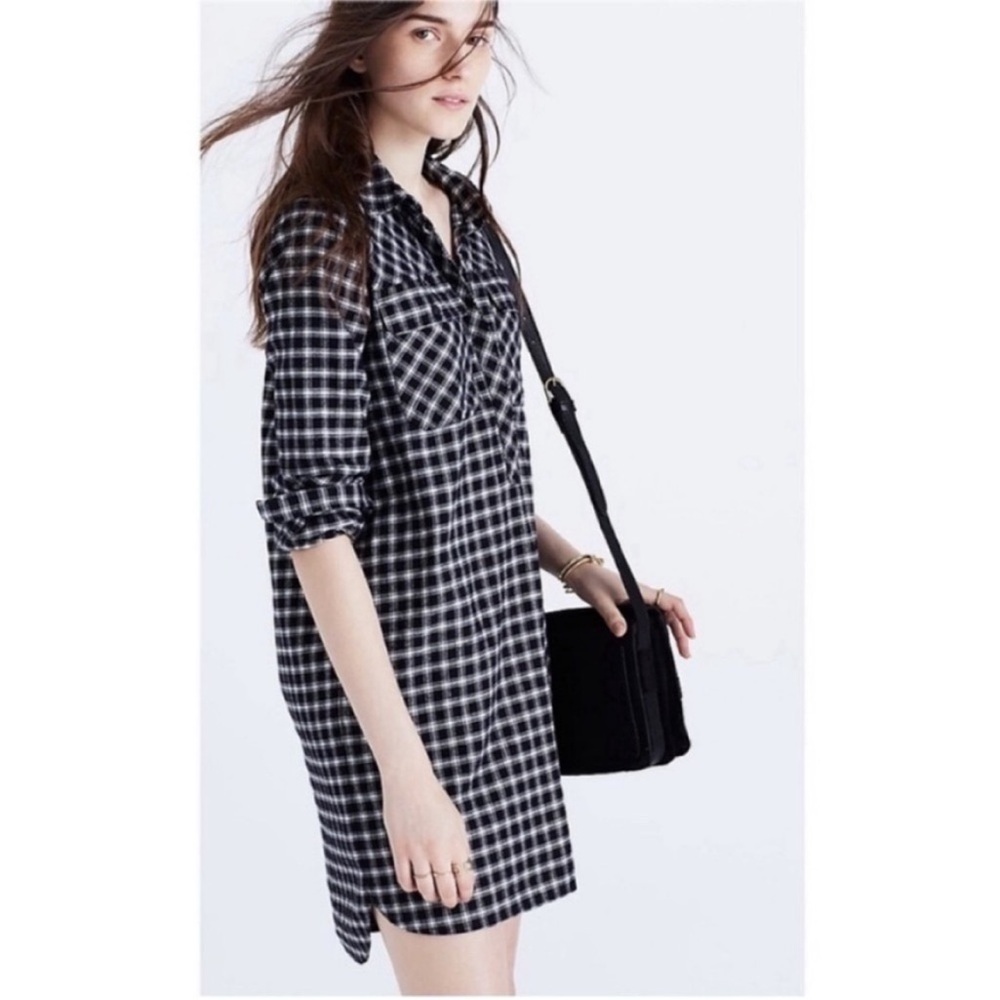 Madewell Daywalk Shirtdress black white Hilldale plaid flannel high low